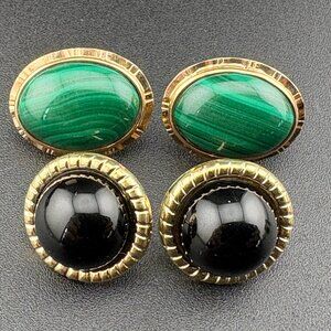 14K Yellow Gold Vtg. Stud Earrings 2 Set - 16 mm Malachite & 12 mm Onyx - 8.6gm